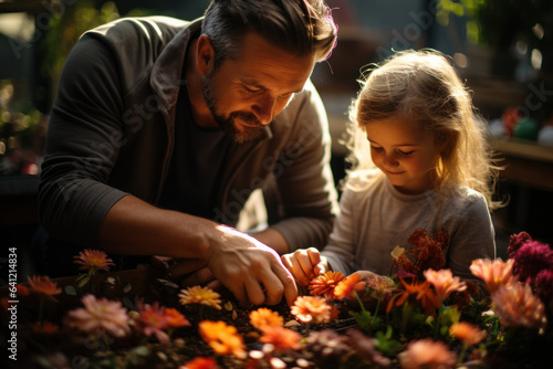 A parent and child work on a gardening project, incorporating practical skills and hands-on learning into their homeschooling routine. Generative AI. © Sebastian