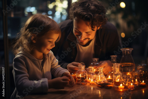 A parent and child conduct a chemistry experiment in their home laboratory, emphasizing hands-on science learning in homeschooling. Generative AI.