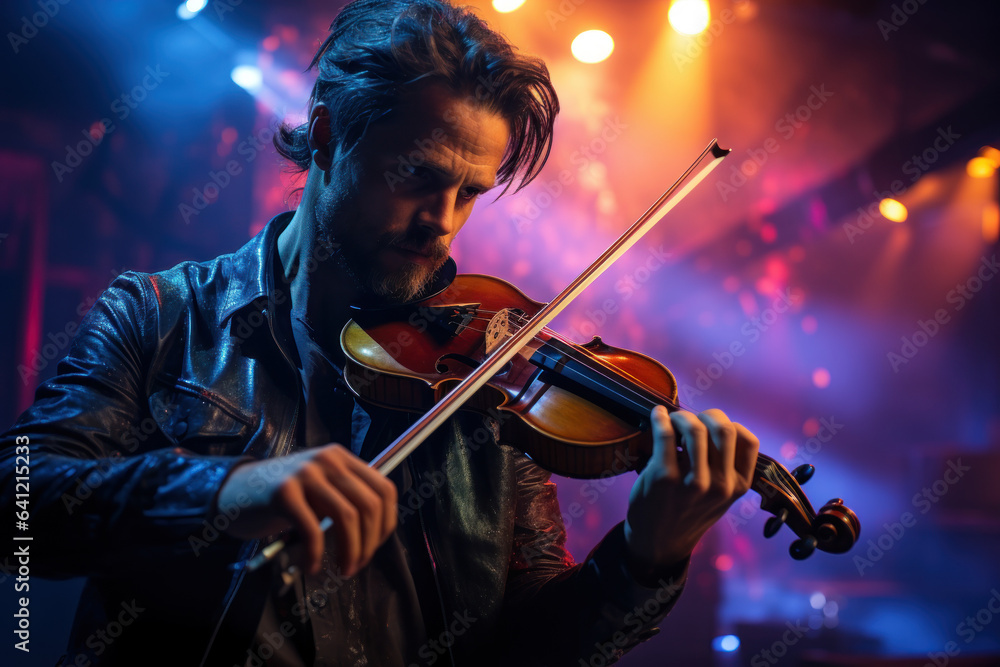 Fototapeta premium A musician passionately plays a violin, immersing in the auditory world and expressing their artistic sensory style. Generative AI.
