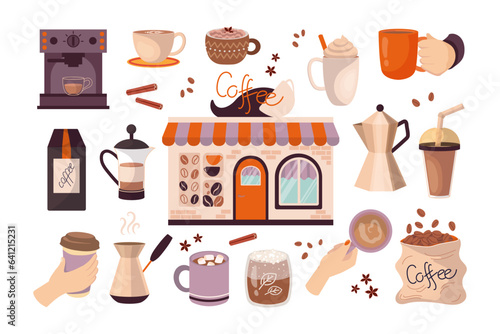 Coffee shop and caffeine products vector illustrations set. Latte, cocoa, espresso cups and mugs, teapot, machine, coffee beans bag on white background. Coffee culture, breakfast concept