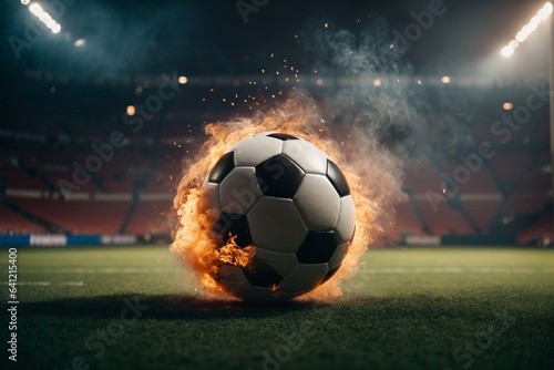 Soccer ball on the field. Fire in the goal. The concept of sports, entertainment and competition. © Viewvie