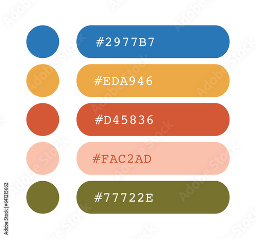 Blue, orange and green color palette, vibrant colors catalog, color matching, RGB, CMYK colors, harmonious colors palette sample, design and edit idea, with hex code