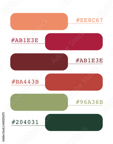 Pink and green color palette, vibrant boho colors catalog, color matching, RGB, CMYK colors, harmonious colors palette sample, design and edit idea, with hex code