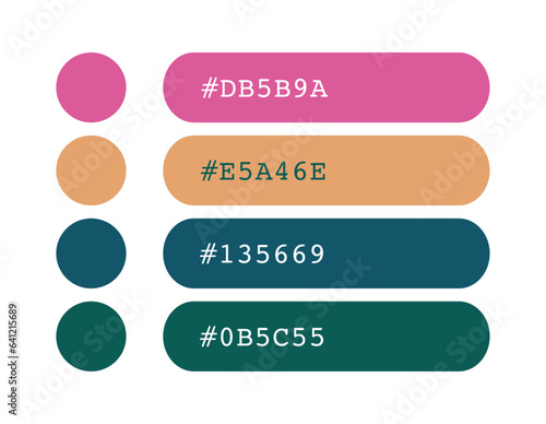Pink, yellow, blue and green color palette, boho vibrant colors catalog, color matching, RGB, CMYK colors, harmonious colors palette sample, design and edit idea, with hex code