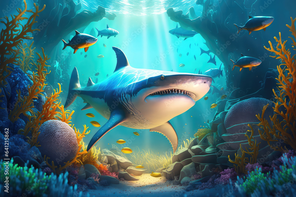 Fototapeta premium Animals of the underwater sea world. Ecosystem. Colorful tropical shark. Life in the coral reef. (ai generated)