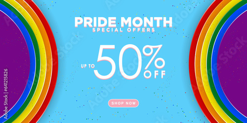 Pride Month Sale Special Offer -50% voucher coupon with shop now CTA Button, paper cut out rainbow pride flag. Editable Vector Illustration. 