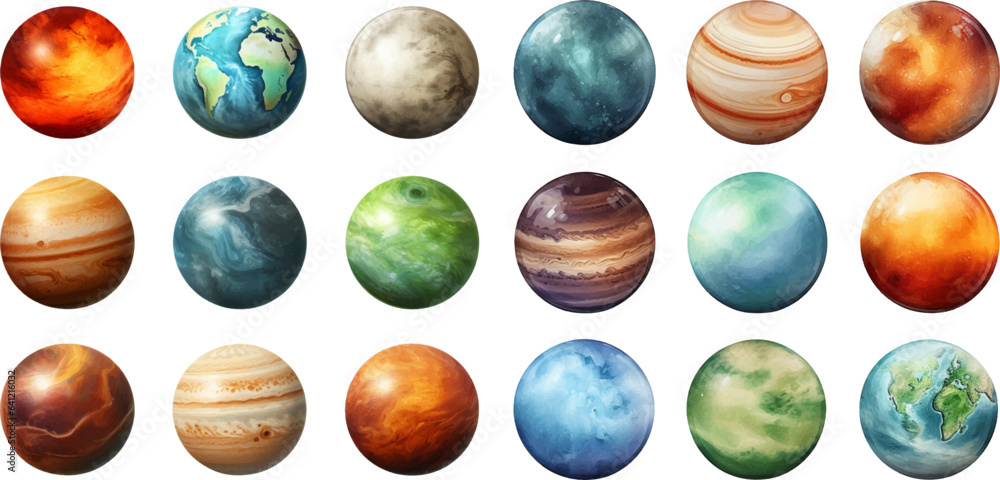 planets set in the style of photo-realistic compositions, rtx on, realistic watercolor paintings, lightbox, saturno butto, transcendent