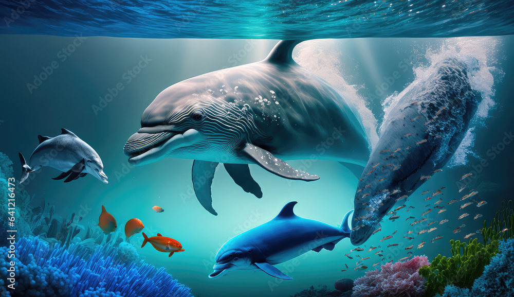 Fototapeta premium Animals of the underwater sea world. Ecosystem. Colorful tropical dolphin. Life in the coral reef. (ai generated)