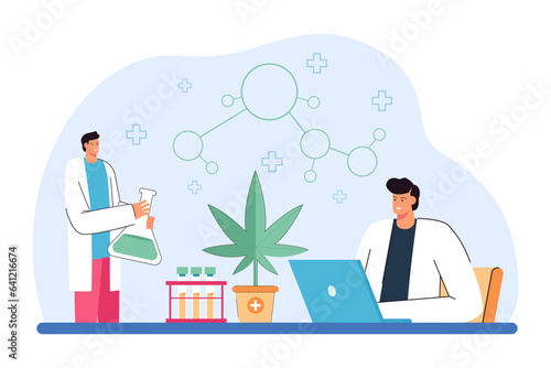 Scientists studying medical marijuana vector illustration. Doctors planting cannabis in laboratory, using herbal medicine to treat diseases. Alternative medicine, health care concept