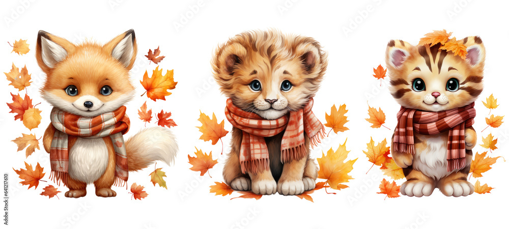 Fall Autumn Animals, Fox, Lion, Tiger, watercolor. Generative AI Fall Autumn Animals, Fox, Lion, Tiger, watercolor. Generative AI