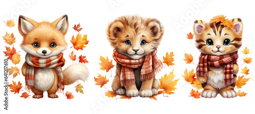 Fall Autumn Animals, Fox, Lion, Tiger, watercolor. Generative AI