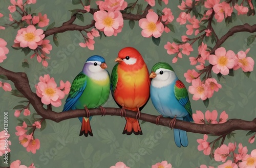 Three birds on a tree branch surrounded by pink flowers.