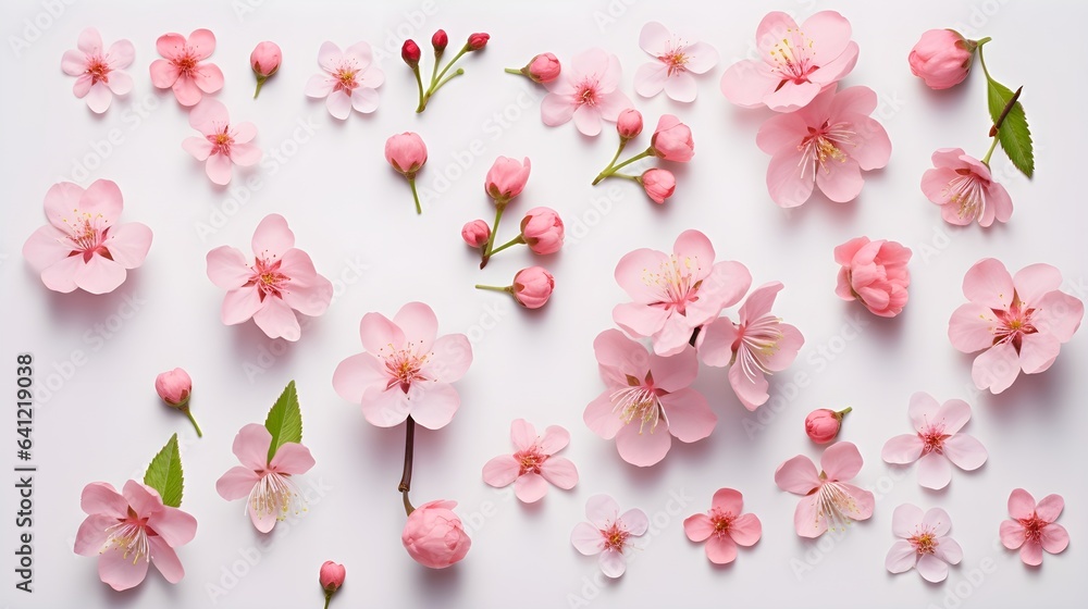 Cherry blossoms and cherry berries flat lay pattern background. Cherry blossoms and cherry berries flat lay pattern background.