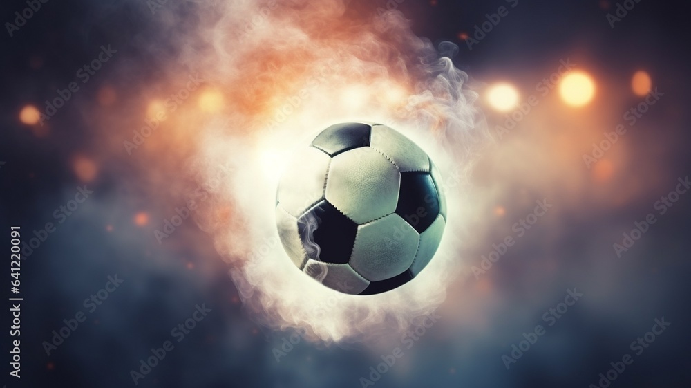 Soccer ball on the field. Fire in the goal. The concept of sports, entertainment and competition.