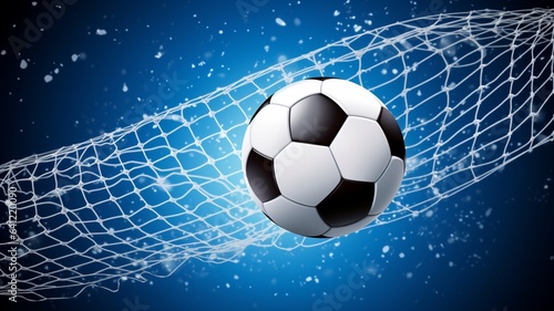 Soccer ball in net on blue background. 3D illustration.