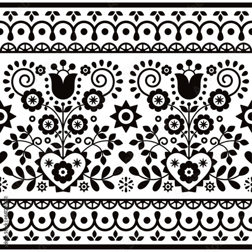 Polish folk art vector seamless textile or greeting card pattern with black tulips, other flowers, hearts and leaves - Lachy Sadeckie 