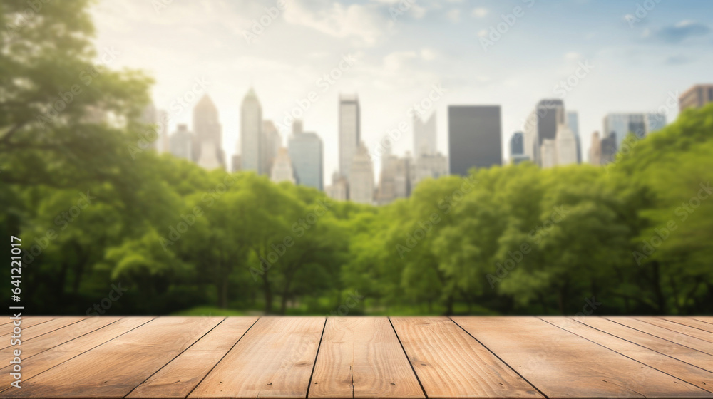 Empty wooden table top with blur background of park and city Empty wooden table top with blur background of park and city