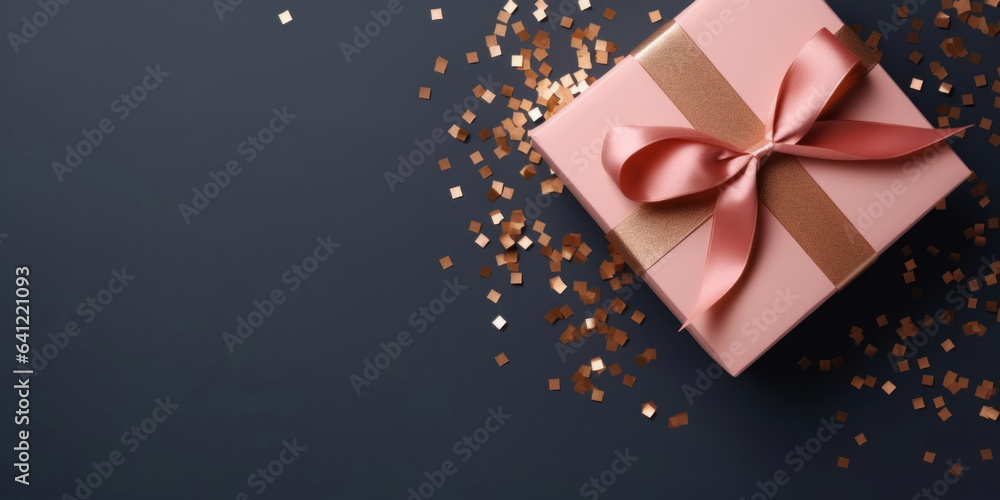 Pale pink Gift box with dark red satin ribbon and bow on dark blue background. Holiday gift with copy space. Many golden confetti. Birthday or Christmas present, flat lay, top view Pale pink Gift box with dark red satin ribbon and bow on dark blue background. Holiday gift with copy space. Many golden confetti. Birthday or Christmas present, flat lay, top view