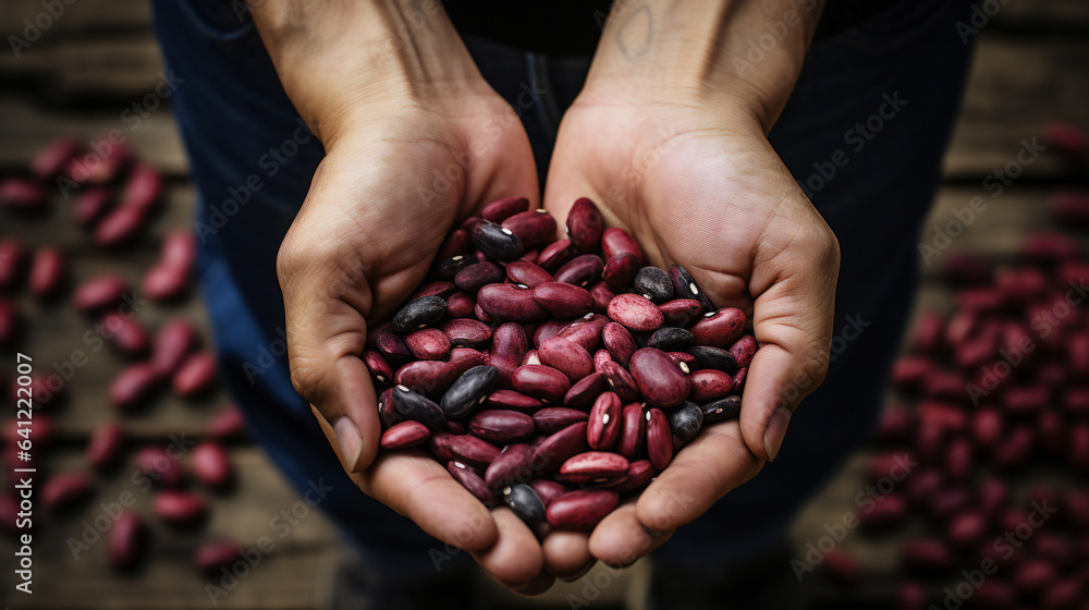 close-up partial view of farmer holding organic azuki beans. Generative AI. close-up partial view of farmer holding organic azuki beans. Generative AI.