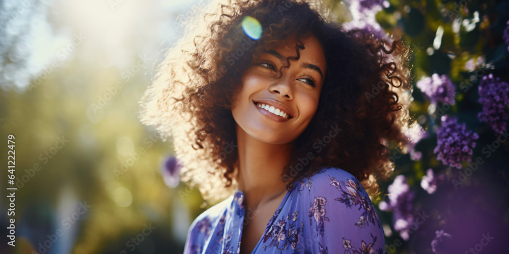 laughing woman with an afro and a purple summery shirt in nature laughing woman with an afro and a purple summery shirt in nature