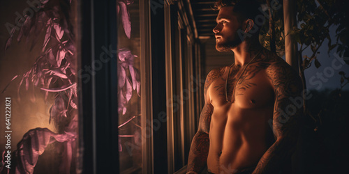 Handsome shirtless man illuminated with light in the dark