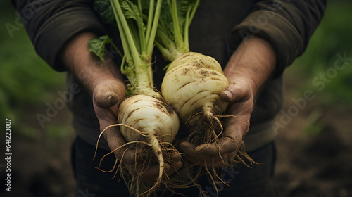close-up partial view of farmer holding organic celeriac . Generative AI.