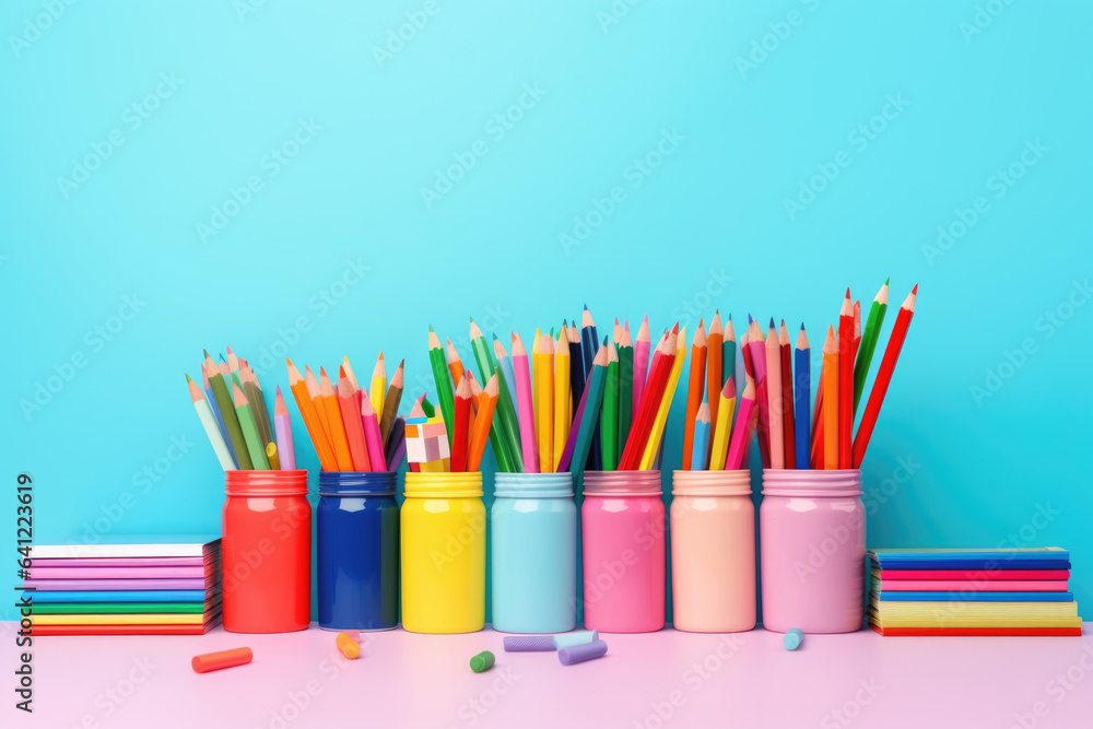 Fototapeta premium Top view of school supplies, colorful stationary on blue background. Back to school concept. Flat lay