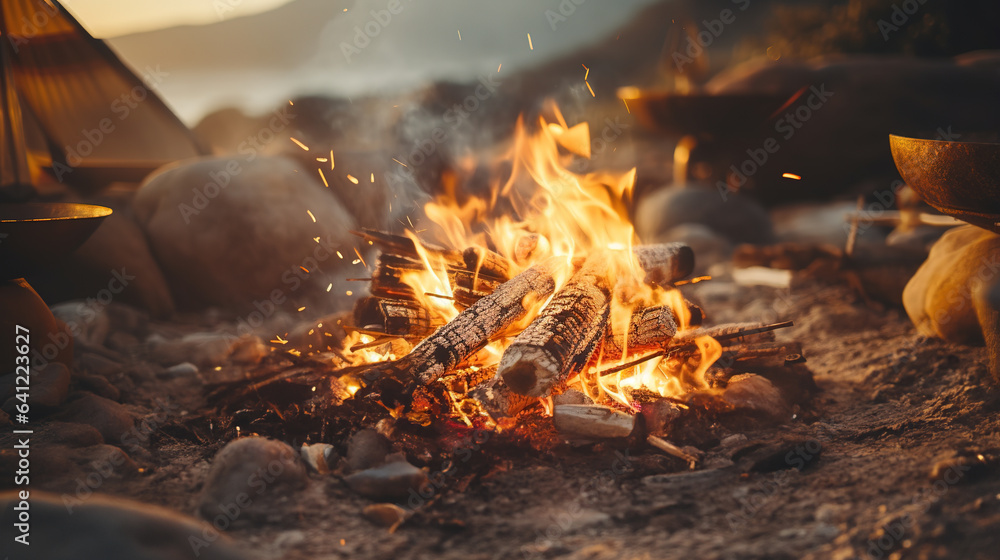 Generative AI, Burning bonfire in the evening, camping outdoor concept in neutral muted colors, tourist camp - obrazy, fototapety, plakaty 