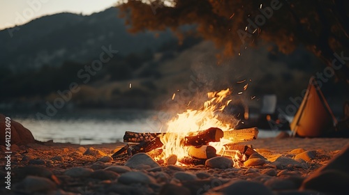 Generative AI  Burning bonfire in the evening  camping outdoor concept in neutral muted colors  tourist camp