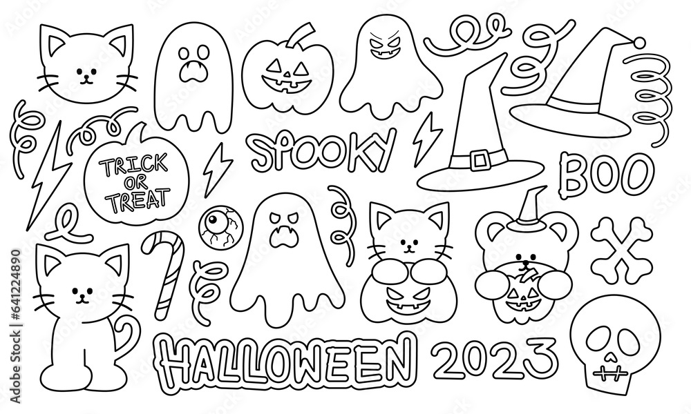 Fototapeta premium Halloween outlines of spooky ghost, witch hat, pumpkin, trick or treat candy, bone, cat, skull, teddy bear for colouring book, campaign logo, tattoo, stickers, cartoon, animal print, toy, kids