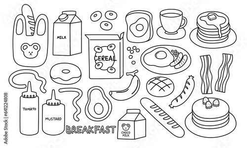 Breakfast outlines of pancake, milk, cereal, coffee, bread, fried egg, avocado, bacon, sausage, banana, bottle of ketchup sauce, mustard sauce, donut, chocolate milk for food, picnic, grocery shopping
