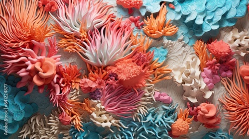 An artwork resembling a bird's-eye view of a vibrant coral reef with its waves and textures flat lay.