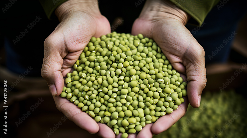 close-up partial view of farmer holding organic mung beans. Generative AI. close-up partial view of farmer holding organic mung beans. Generative AI.