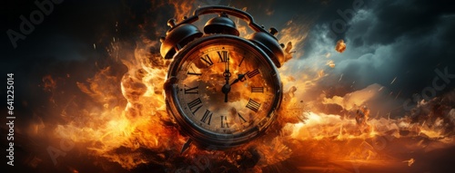 Fiery Clock Image: Burning Time's End. Copy Space.