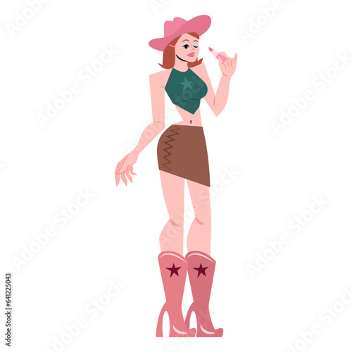 Cowgirl holding lipstick flat illustration