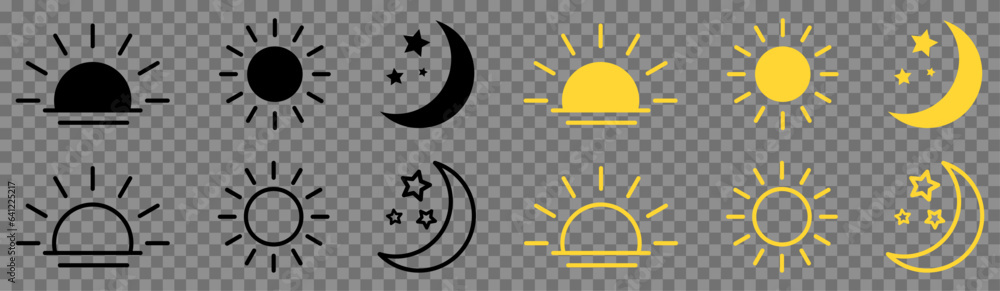 Time of the day icons. Sunset, sun, moon icons. Vector illustration isolated on transparent background - obrazy, fototapety, plakaty 