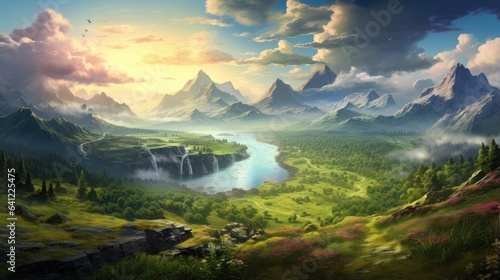 idyllic mountain valley with river and sunrise