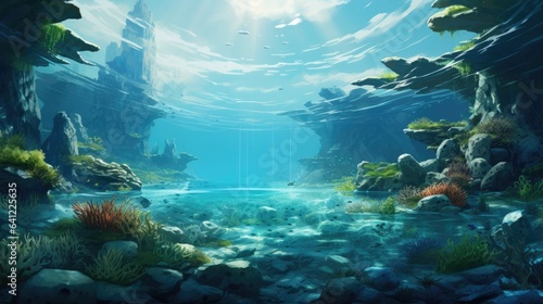 tranquil underwater scene with sunbeams through seaweed