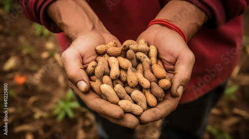 close-up partial view of farmer holding organic peanuts. Generative AI. photo