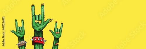 vector green cartoon Zombie rock n roll hand isolated on horizontal yellow background with space for text . vector Zombie party halloween background or horizontal heavy metal poster design template