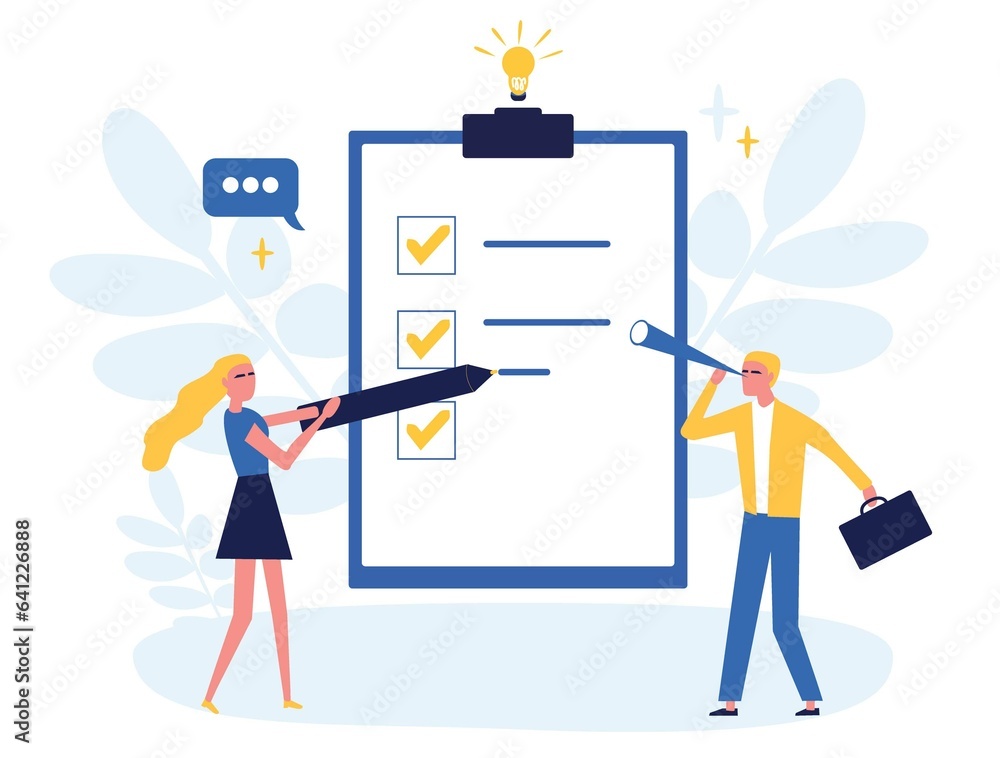 Fototapeta premium Poll flat illustration. Teamwork on performance. Business concept. Quality check and satisfaction report. Feedback from customers. Understanding customer responses. Collaboration, partnership.