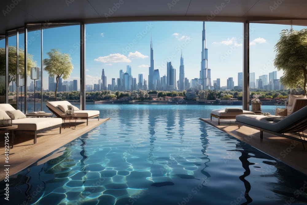 Luxury indoor swimming pool with big panoramic windows overlooking the metropolis, part of luxury hotel.