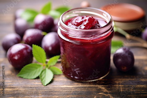 Homestyle plum jam in a vintage glass jar on a rustic wooden table. Homemade Plum Jam - Rustic Breakfast Spread