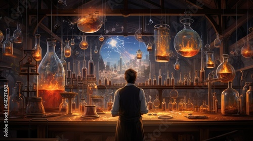 alchemist in lab with glowing potions and flasks