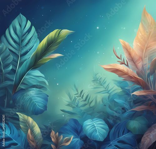 Wallpaper with tropical leaves on a blue background. Generative AI. © F@natka