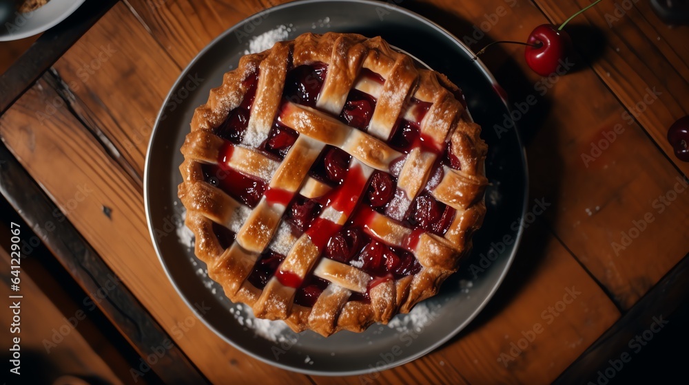 Homemade cherry pie on a wooden table Homemade cherry pie on a wooden table