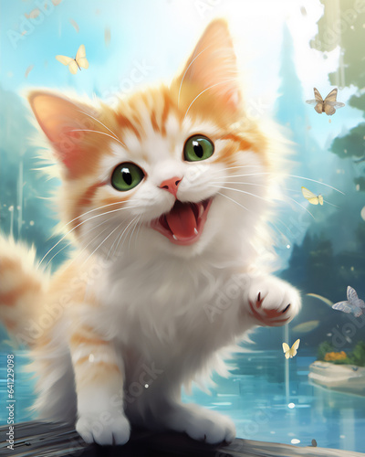 wefie cats with smile and happy face, cute fluffy, hyper realistic, beautiful dreammy light, bright eyes, super cute face, funny face, fish eye lens. photo