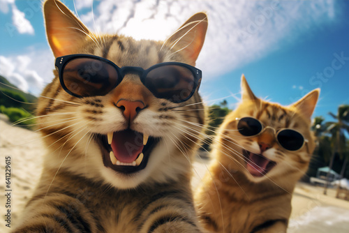 wefie cats with smile and happy face, cute fluffy, hyper realistic, beautiful dreammy light, bright eyes, super cute face, funny face, fish eye lens. © Maizal
