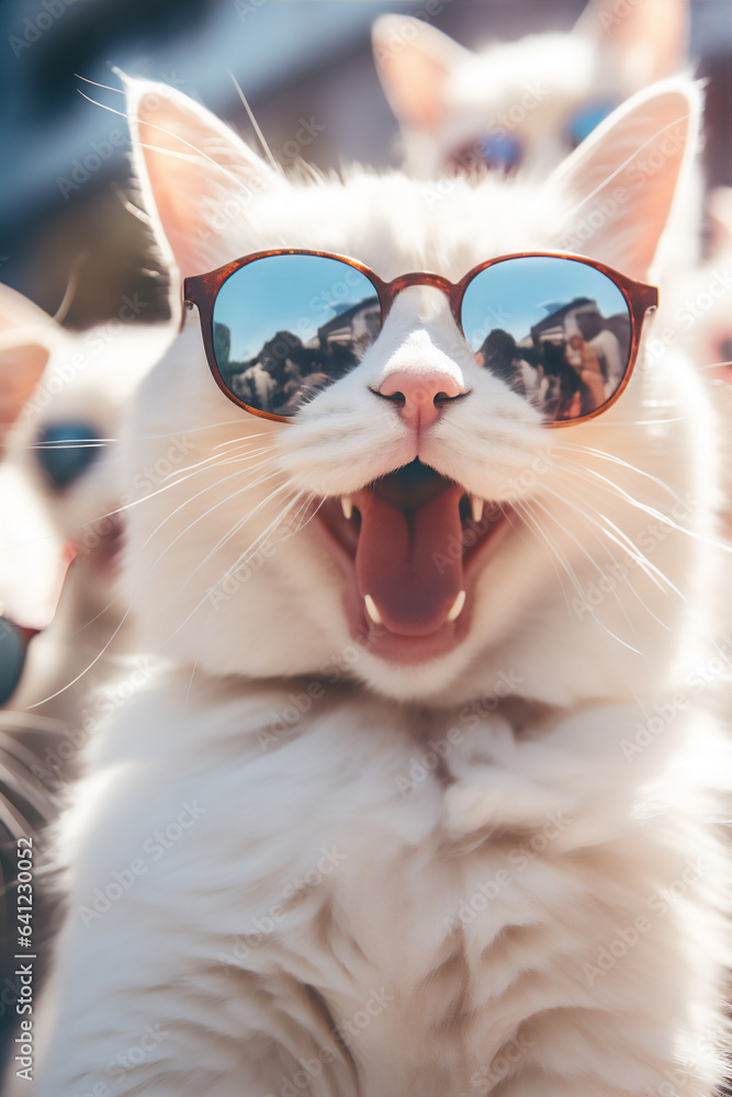wefie cats with smile and happy face, cute fluffy, hyper realistic, beautiful dreammy light, bright eyes, super cute face, funny face, fish eye lens.