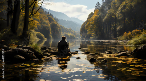 a person sitting by a quiet river